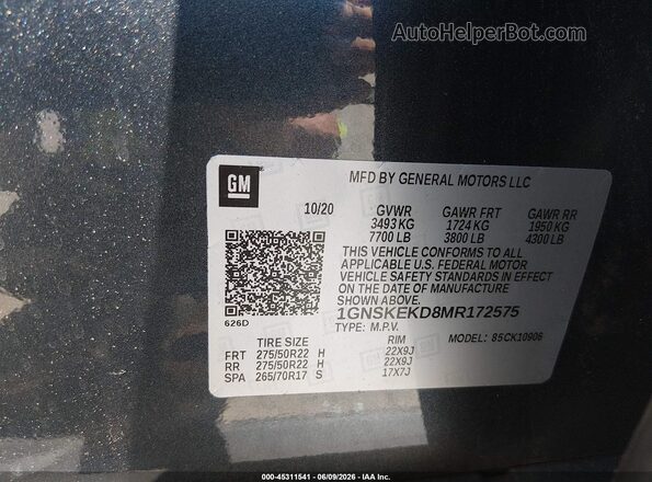 1GNSKEKD8MR172575 2021 CHEVROLET SUBURBAN Gray Widok komory silnika