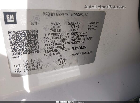 1GNSKFEC3LR112615 2020 CHEVROLET TAHOE White Widok komory silnika