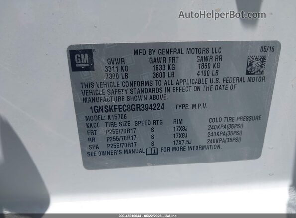 1GNSKFEC8GR394224 2016 CHEVROLET TAHOE Белый 