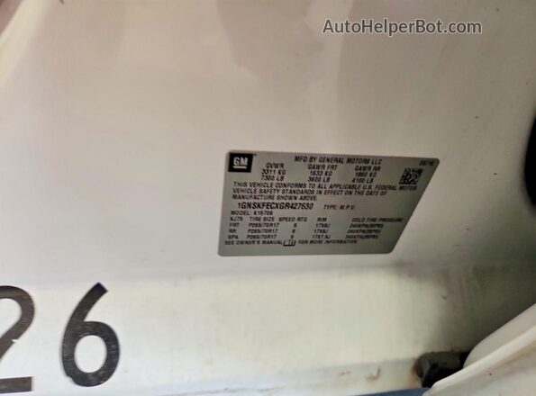 1GNSKFECXGR427630 2016 CHEVROLET TAHOE White Widok naklejki z numerem VIN