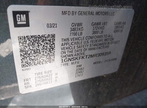 1GNSKFKT2MR309359 2021 CHEVROLET SUBURBAN Black Вид підкапотного простору