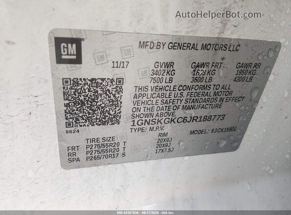 1GNSKGKC6JR188773 2018 CHEVROLET SUBURBAN Белый Вид подкапотного пространства