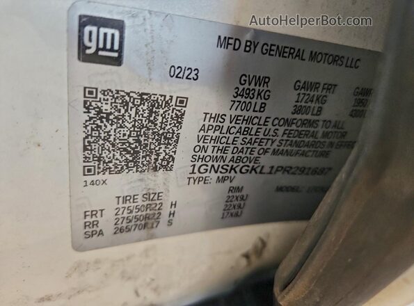 1GNSKGKL1PR291687 2023 CHEVROLET SUBURBAN White VIN կոդի պիտակի տեսք