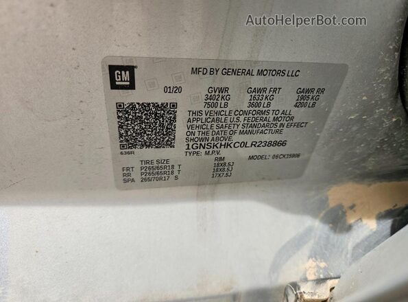 1GNSKHKC0LR238866 2020 CHEVROLET SUBURBAN Silver Vista de la etiqueta del VIN