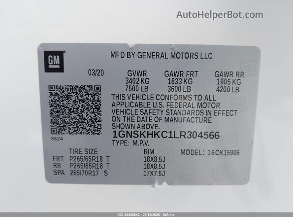 1GNSKHKC1LR304566 2020 CHEVROLET SUBURBAN White Widok komory silnika