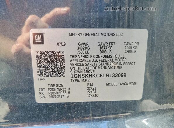 1GNSKHKC6LR133099 2020 CHEVROLET SUBURBAN Gray Вид наклейки з VIN-кодом