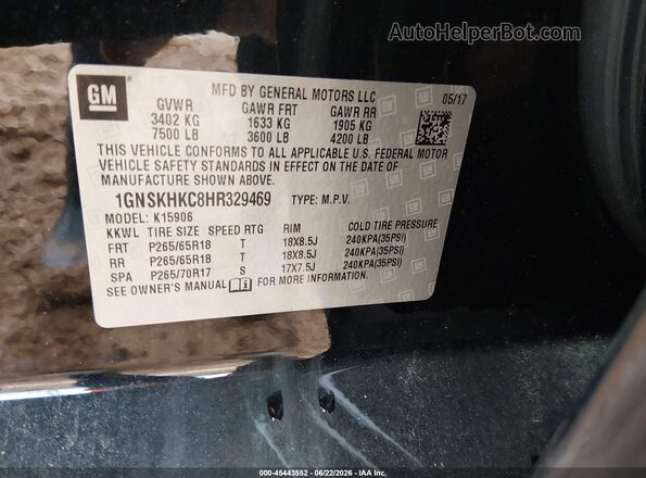 1GNSKHKC8HR329469 2017 CHEVROLET SUBURBAN Black Widok naklejki z numerem VIN