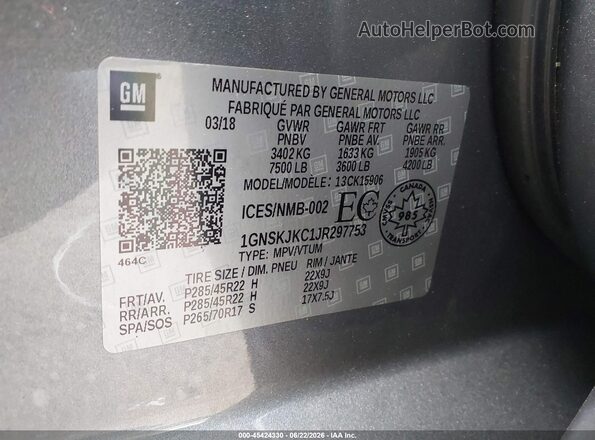 1GNSKJKC1JR297753 2018 CHEVROLET SUBURBAN Gray Engine compartment view