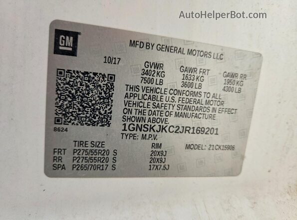 1GNSKJKC2JR169201 2018 CHEVROLET SUBURBAN White 
