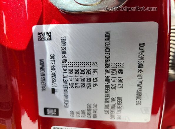 1GNSKNKD4PR511403 2023 CHEVROLET TAHOE Red VIN կոդի պիտակի տեսք