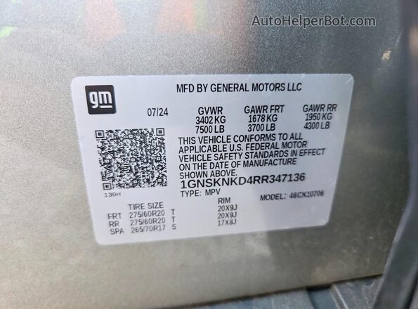 1GNSKNKD4RR347136 2024 CHEVROLET TAHOE Silver Vista de la etiqueta del VIN