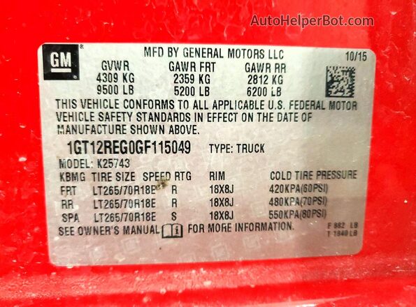 1GT12REG0GF115049 2016 GMC SIERRA Red ძრავის განყოფილების ხედი