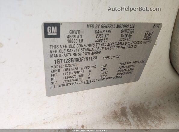 1GT12SE89GF181129 2016 GMC SIERRA White Շարժիչի բաժամունքի տեսք