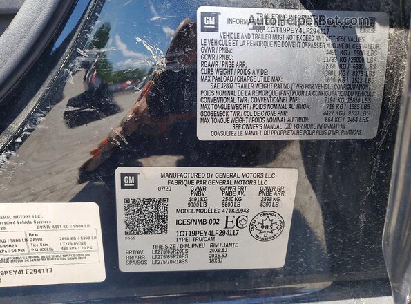 1GT19PEY4LF294117 2020 GMC SIERRA Black VIN sticker view