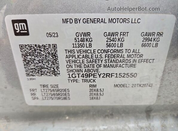 1GT49PEY2RF152550 2024 GMC SIERRA Gray Vista de la etiqueta del VIN