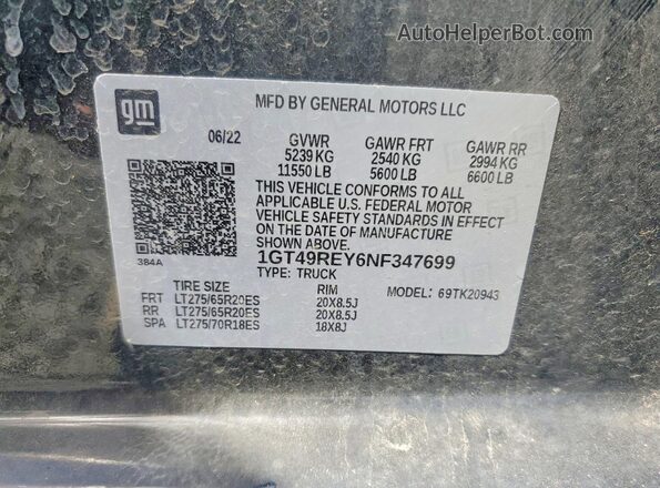 1GT49REY6NF347699 2022 GMC SIERRA Black Widok naklejki z numerem VIN