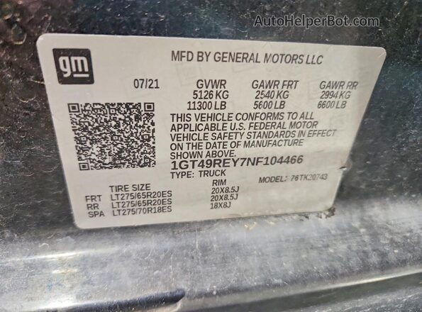 1GT49REY7NF104466 2022 GMC SIERRA Black VIN sticker view