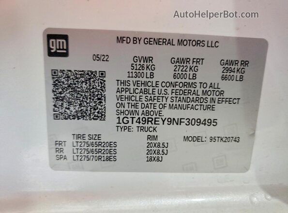 1GT49REY9NF309495 2022 GMC SIERRA White VIN կոդի պիտակի տեսք
