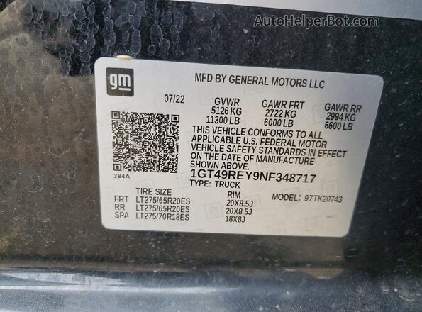 1GT49REY9NF348717 2022 GMC SIERRA Black VIN კოდის სტიკერის ხედი