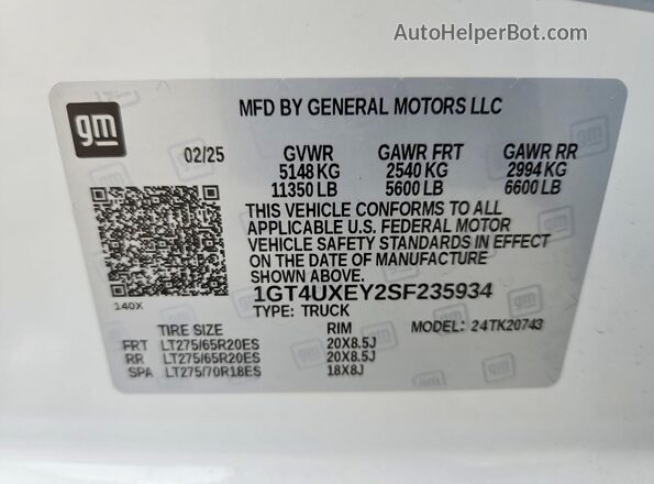 1GT4UXEY2SF235934 2025 GMC SIERRA White Շարժիչի բաժամունքի տեսք