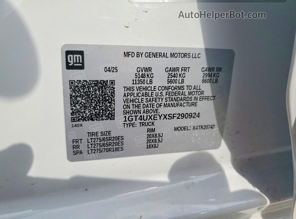 1GT4UXEYXSF290924 2025 GMC SIERRA White VIN კოდის სტიკერის ხედი