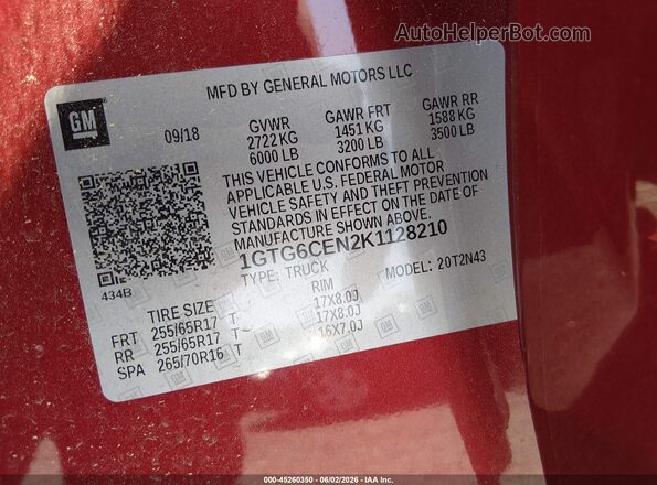 1GTG6CEN2K1128210 2019 GMC CANYON Maroon Vista del compartimento del motor