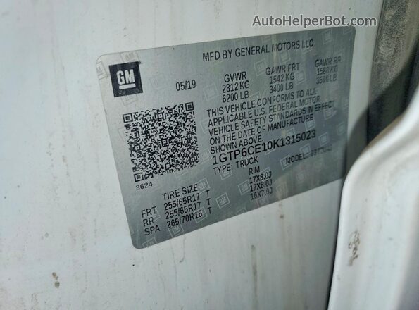 1GTP6CE10K1315023 2019 GMC CANYON White VIN sticker view