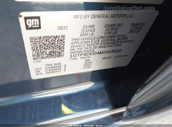 1GTP8DED4MZ418122 2021 GMC SIERRA Синий Вид подкапотного пространства