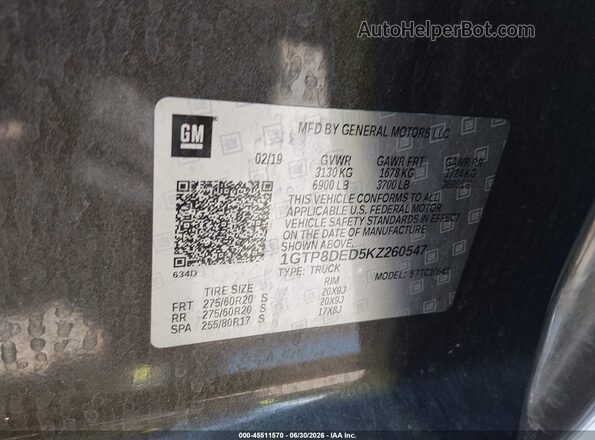 1GTP8DED5KZ260547 2019 GMC SIERRA Brown VIN կոդի պիտակի տեսք