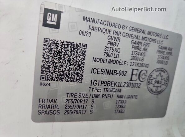 1GTP9BEK1LZ301032 2020 GMC SIERRA White Vista del compartimento del motor