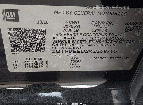 1GTP9EED2KZ158755 2019 GMC SIERRA Black Շարժիչի բաժամունքի տեսք