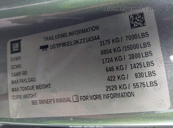 1GTP9EEL0KZ214344 2019 GMC SIERRA Серый Вид подкапотного пространства