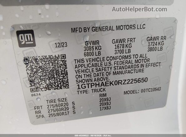 1GTPHAEK0RZ225650 2024 GMC SIERRA White Вид підкапотного простору