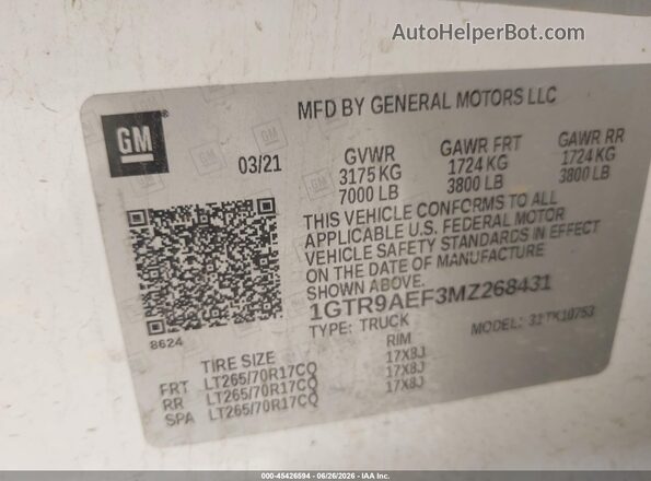 1GTR9AEF3MZ268431 2021 GMC SIERRA White ძრავის განყოფილების ხედი
