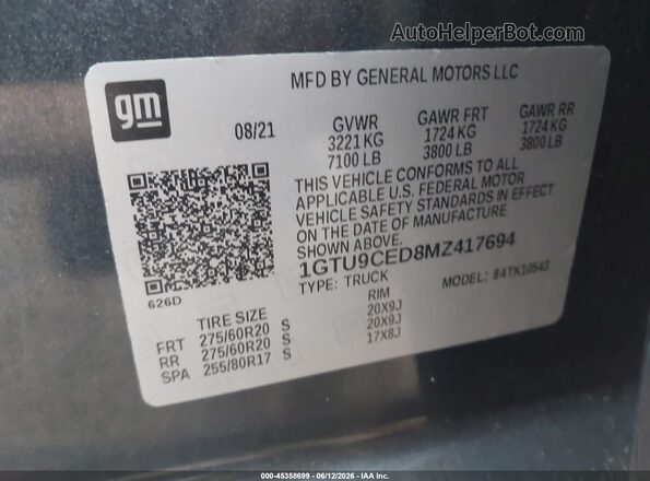 1GTU9CED8MZ417694 2021 GMC SIERRA Синий Вид подкапотного пространства