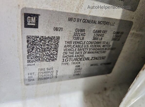 1GTU9DED8LZ342192 2020 GMC SIERRA White Vista de la etiqueta del VIN