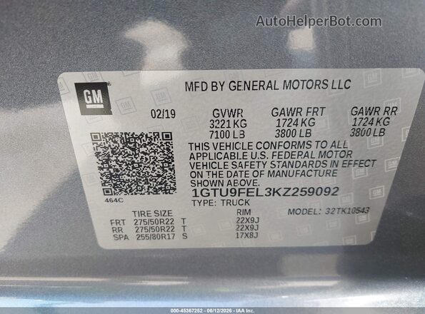 1GTU9FEL3KZ259092 2019 GMC SIERRA Gray Vista del compartimento del motor