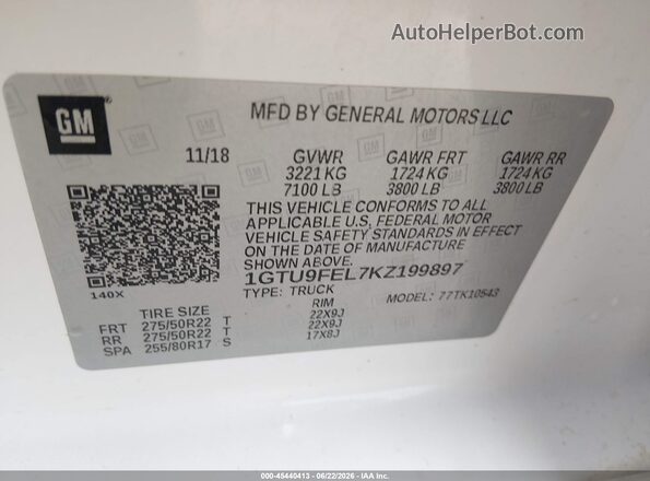1GTU9FEL7KZ199897 2019 GMC SIERRA White Շարժիչի բաժամունքի տեսք