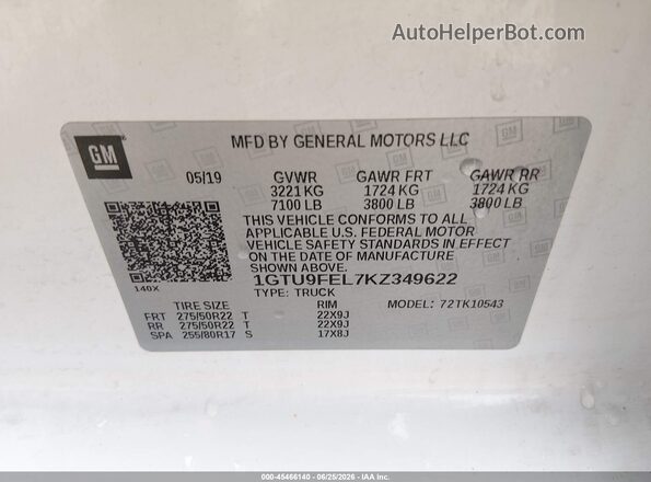 1GTU9FEL7KZ349622 2019 GMC SIERRA White Engine compartment view