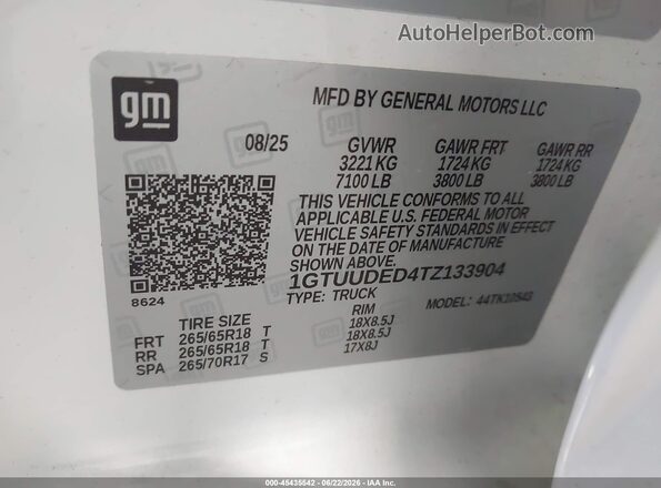 1GTUUDED4TZ133904 2026 GMC SIERRA White Vista del compartimento del motor