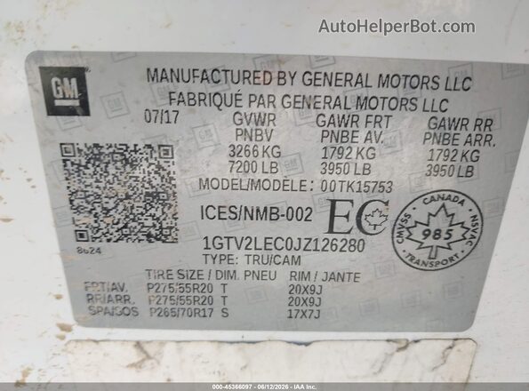 1GTV2LEC0JZ126280 2018 GMC SIERRA Белый Вид подкапотного пространства