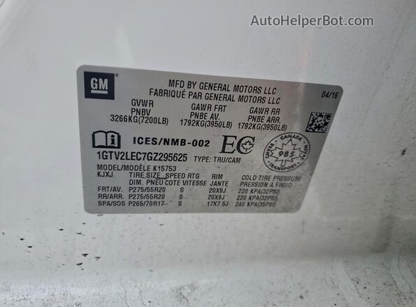 1GTV2LEC7GZ295625 2016 GMC SIERRA White Вид підкапотного простору