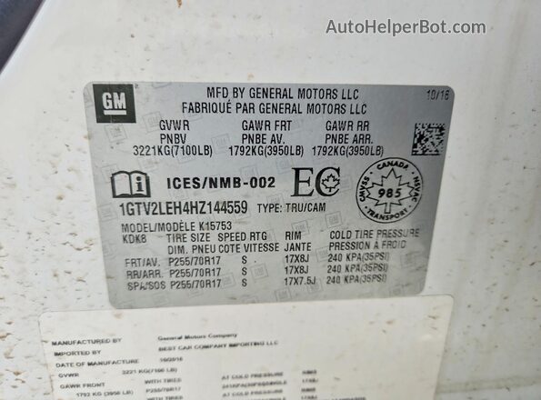 1GTV2LEH4HZ144559 2017 GMC SIERRA White Вид підкапотного простору