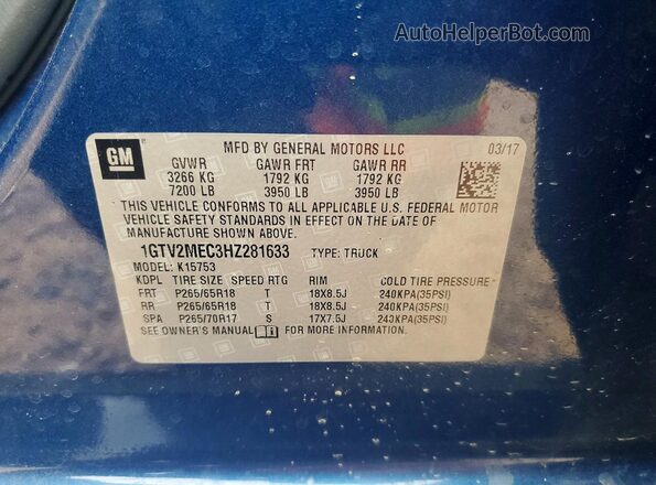 1GTV2MEC3HZ281633 2017 GMC SIERRA Blue VIN sticker view