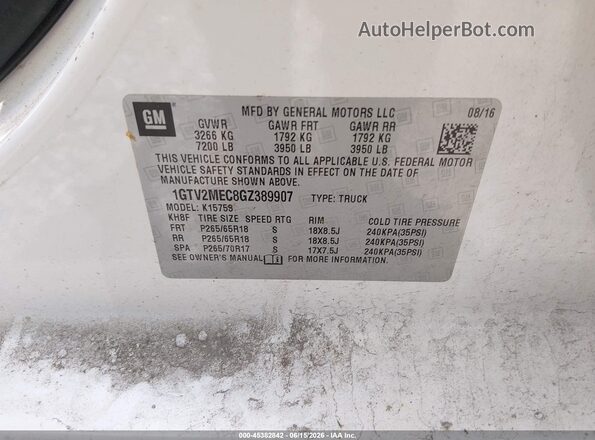 1GTV2MEC8GZ389907 2016 GMC SIERRA White Շարժիչի բաժամունքի տեսք
