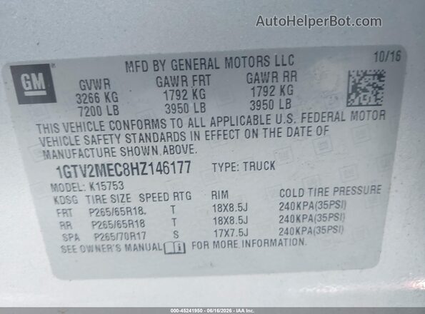 1GTV2MEC8HZ146177 2017 GMC SIERRA Silver Widok komory silnika