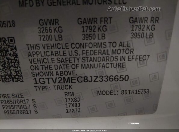 1GTV2MEC8JZ336650 2018 GMC SIERRA Белый Вид подкапотного пространства