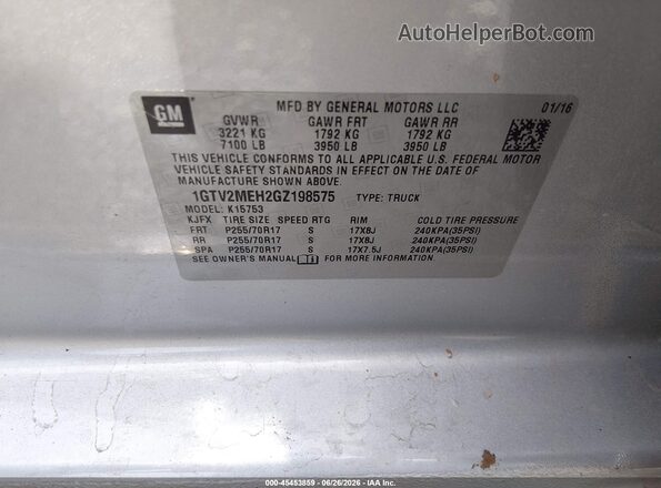 1GTV2MEH2GZ198575 2016 GMC SIERRA Silver Շարժիչի բաժամունքի տեսք