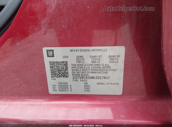 1GTV9CED8KZ217917 2019 GMC SIERRA Red Widok komory silnika