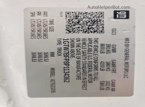 1GTW7BFP8P1134362 2023 GMC SAVANA White Вид наклейки з VIN-кодом